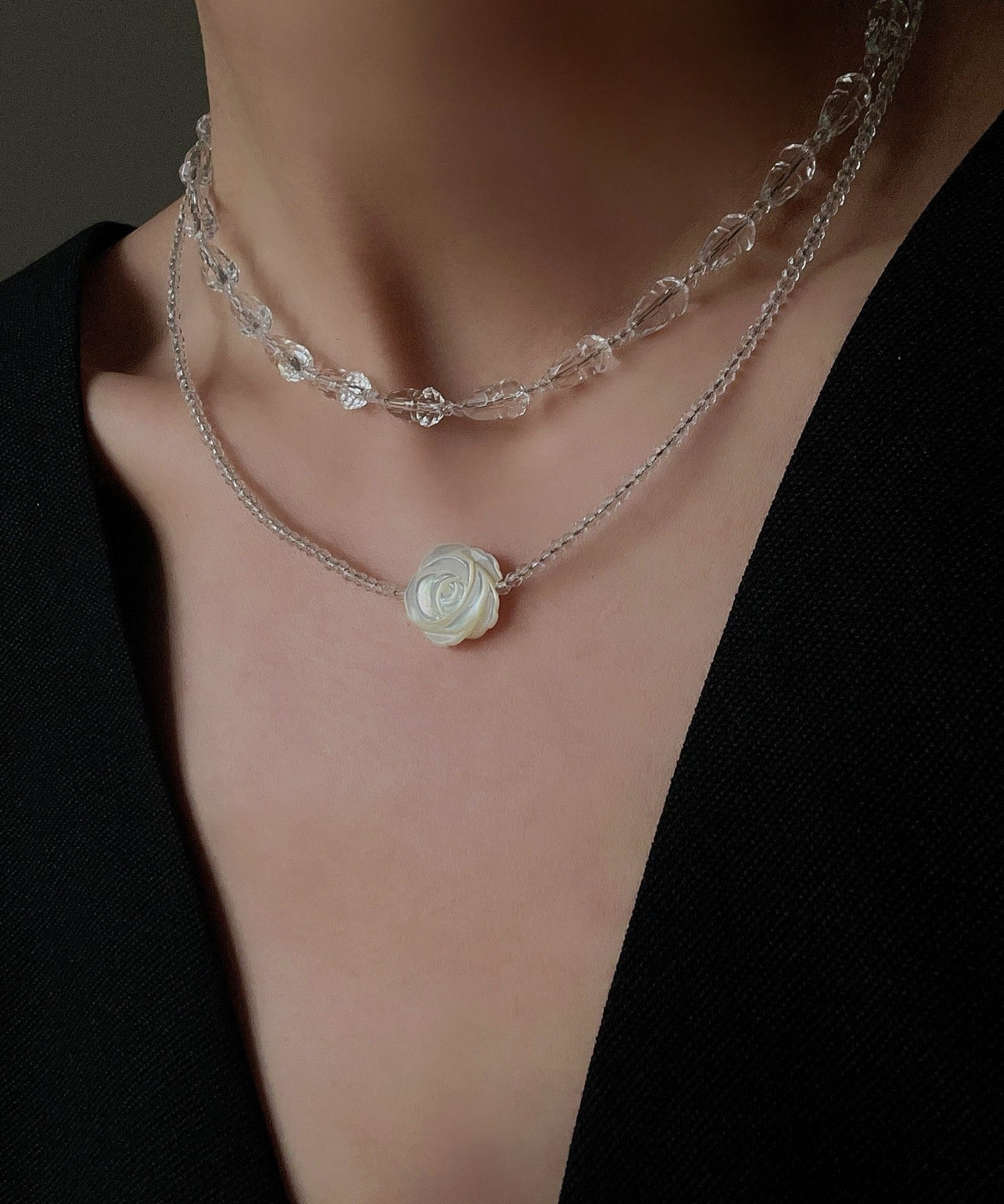 French White Shell Flower Crystal Beaded Double Layer Necklace - floysun