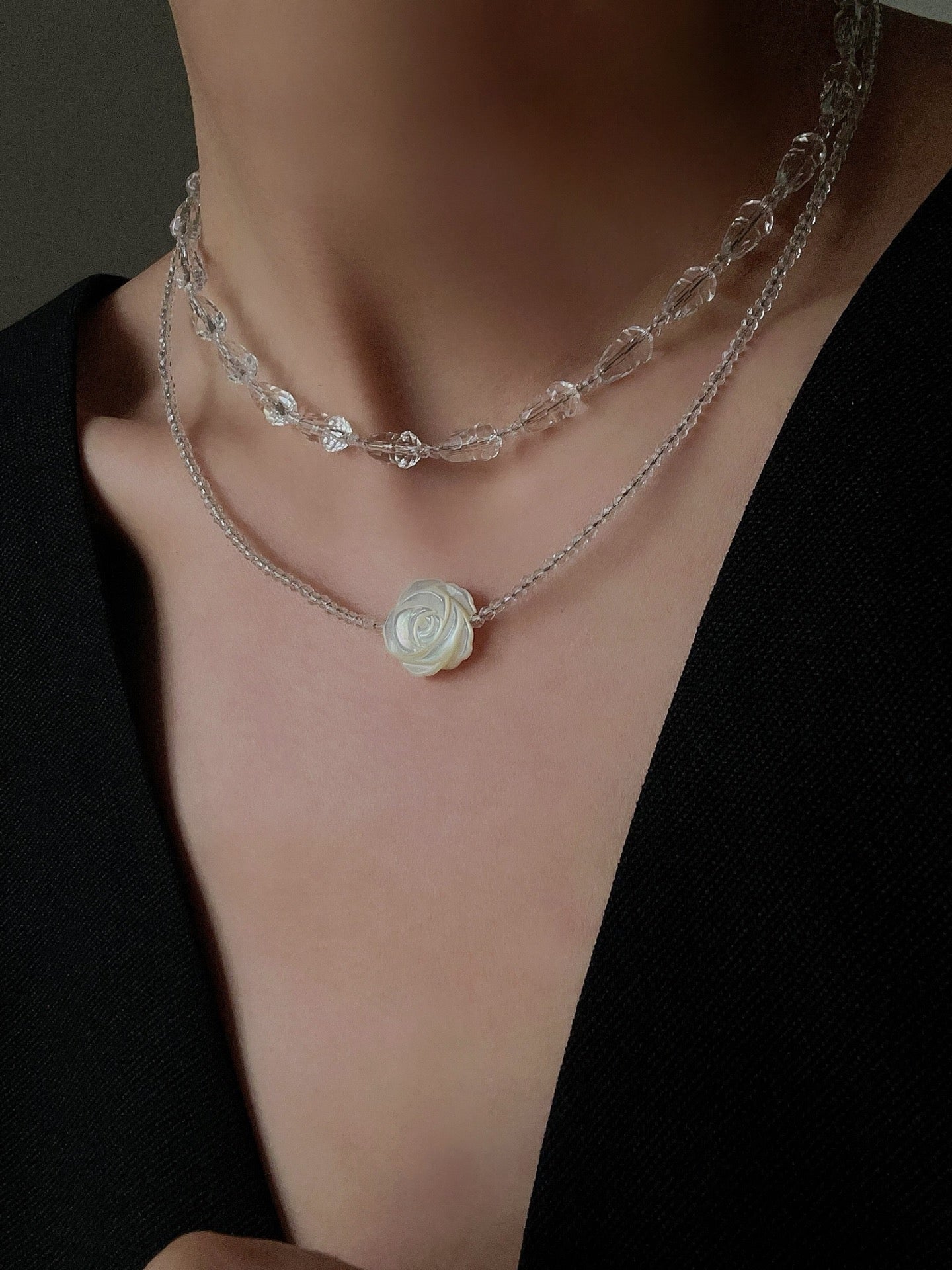 French White Shell Flower Crystal Beaded Double Layer Necklace - floysun