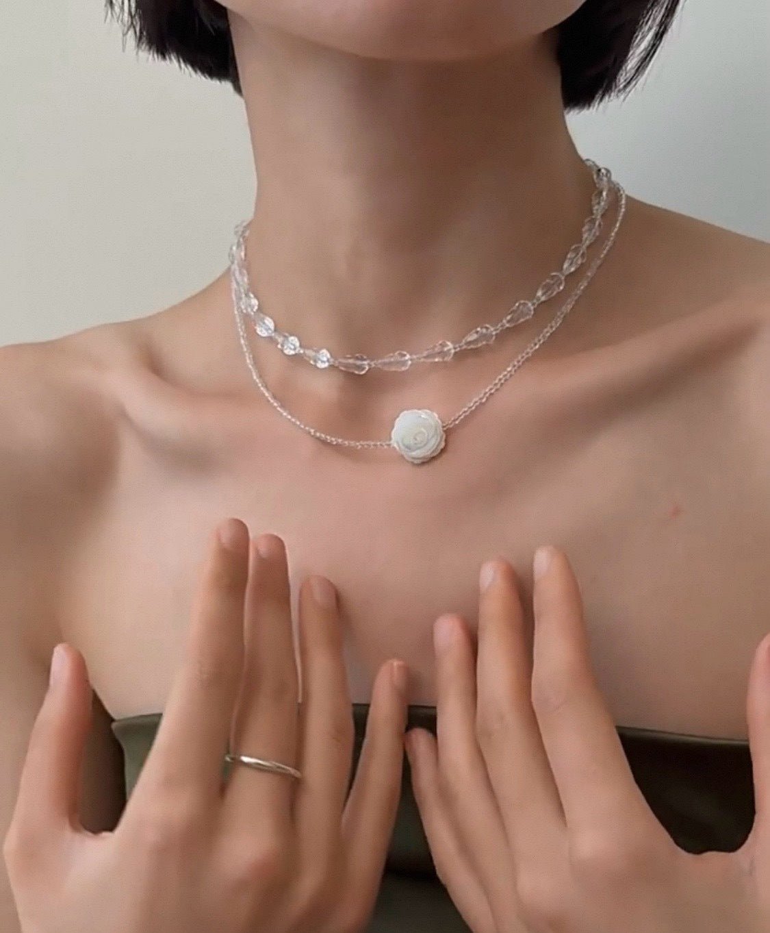 French White Shell Flower Crystal Beaded Double Layer Necklace - floysun