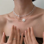 French White Shell Flower Crystal Beaded Double Layer Necklace - floysun