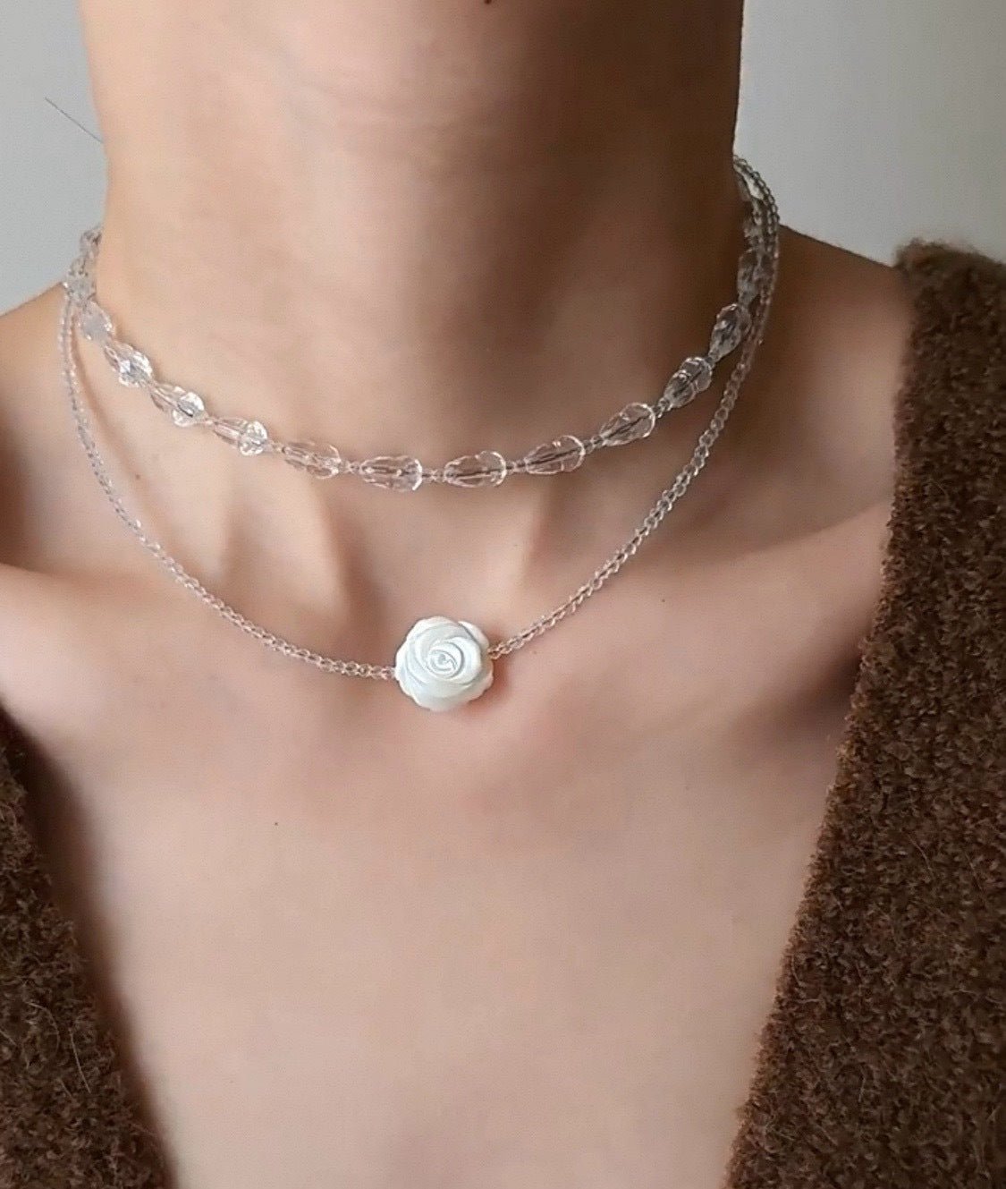 French White Shell Flower Crystal Beaded Double Layer Necklace - floysun