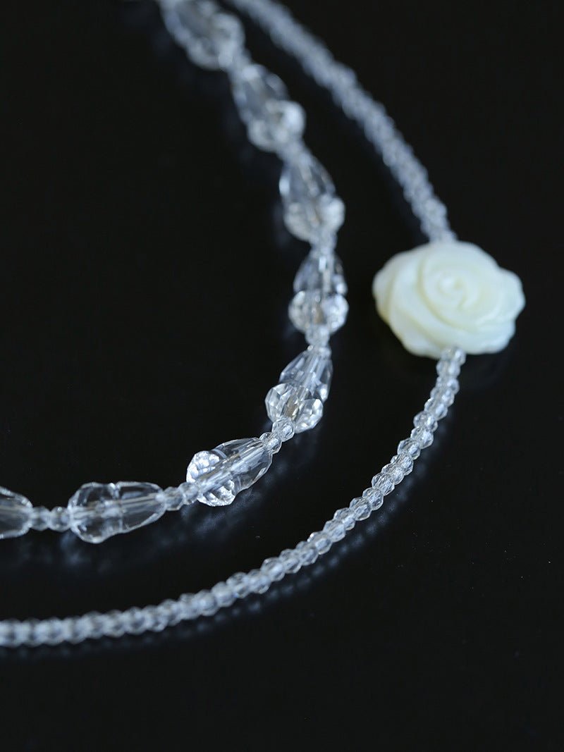 French White Shell Flower Crystal Beaded Double Layer Necklace - floysun