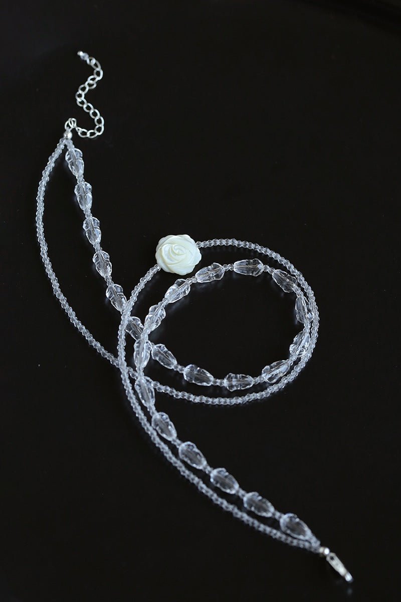 French White Shell Flower Crystal Beaded Double Layer Necklace - floysun
