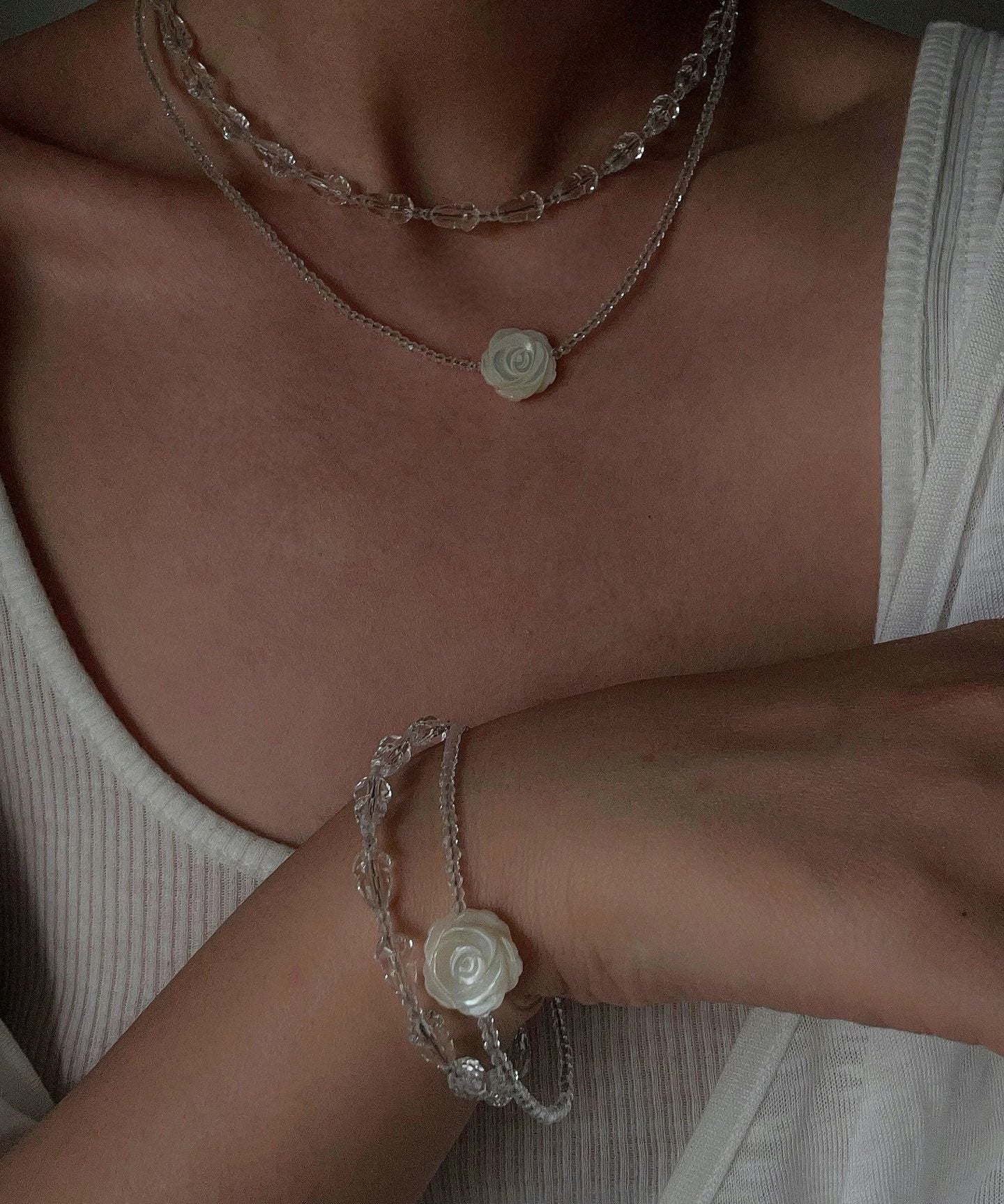 French White Shell Flower Crystal Beaded Double Layer Necklace - floysun