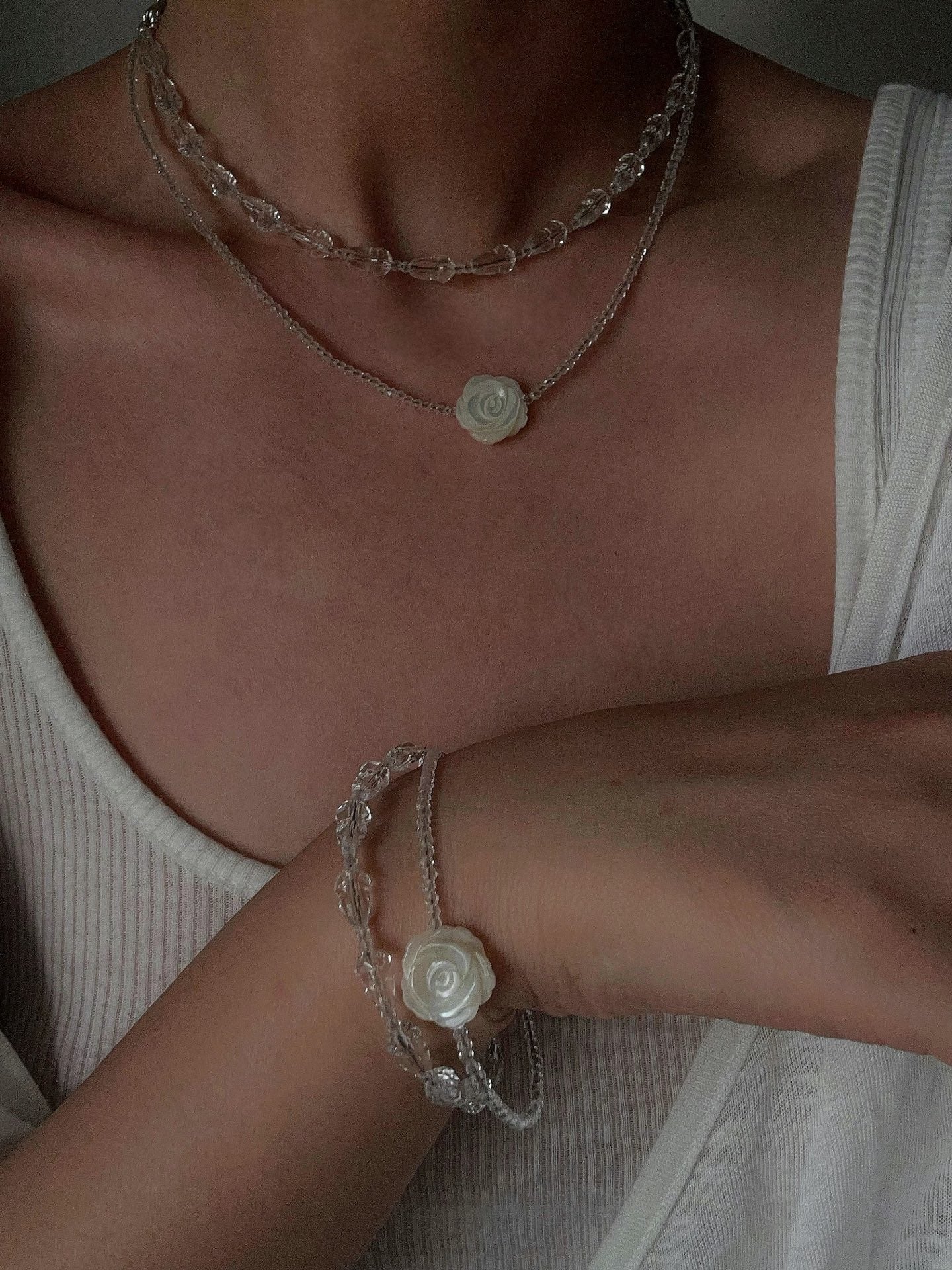 French White Shell Flower Crystal Beaded Double Layer Necklace - floysun
