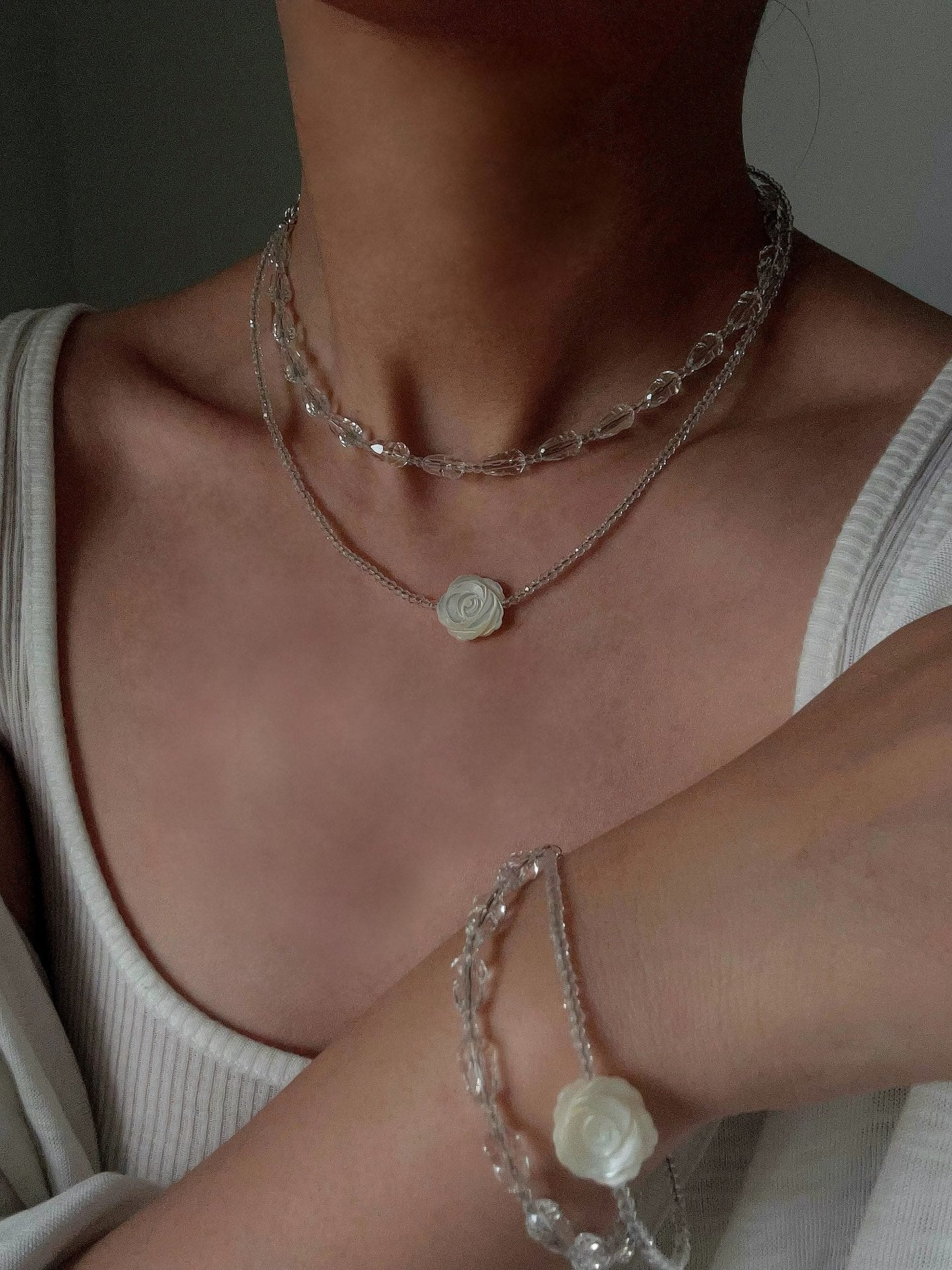 French White Shell Flower Crystal Beaded Double Layer Necklace - floysun