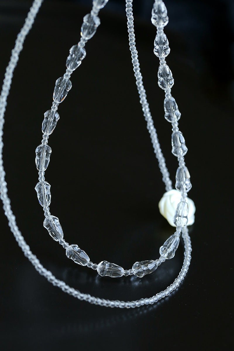 French White Shell Flower Crystal Beaded Double Layer Necklace - floysun