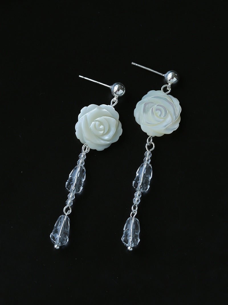 French White Shell Flower Crystal Beaded Earrings - floysun
