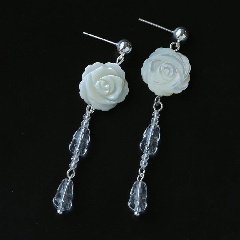 French White Shell Flower Crystal Beaded Earrings - floysun
