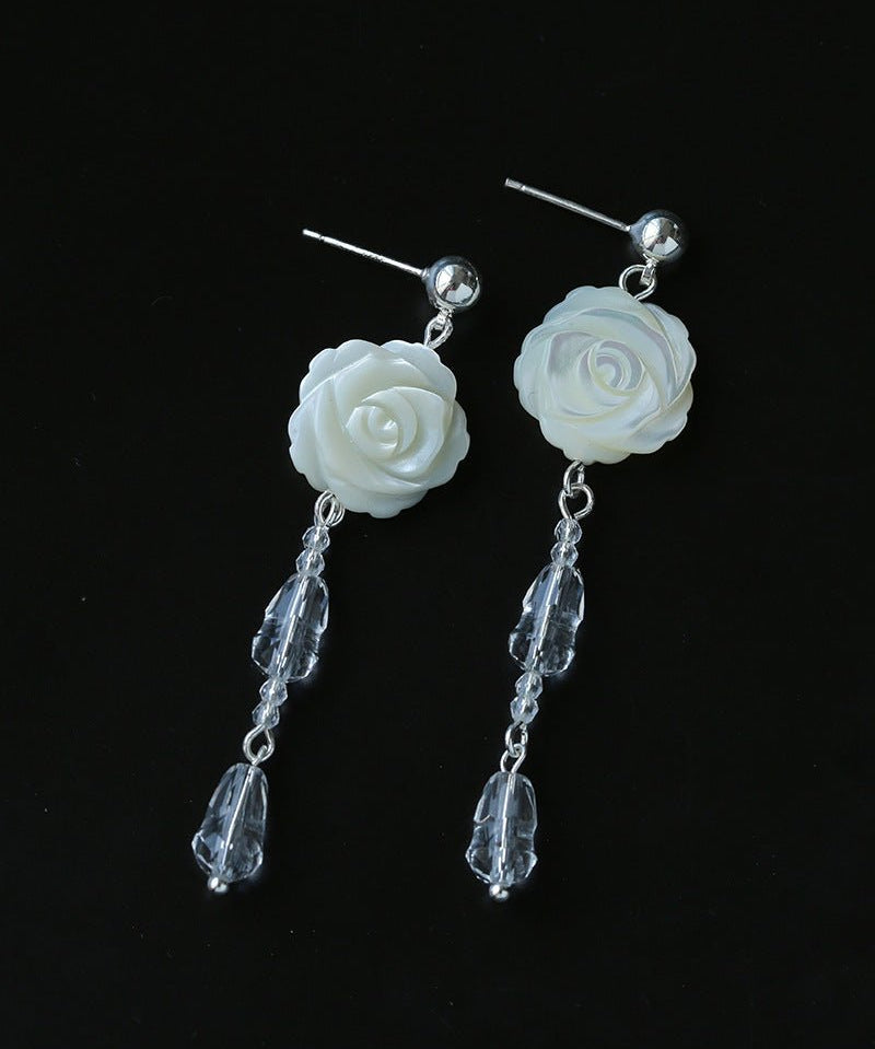 French White Shell Flower Crystal Beaded Earrings - floysun