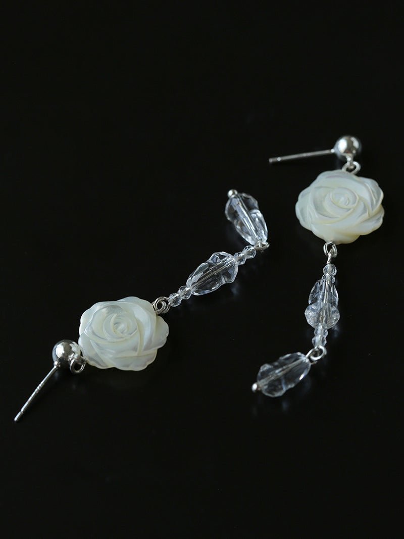 French White Shell Flower Crystal Beaded Earrings - floysun