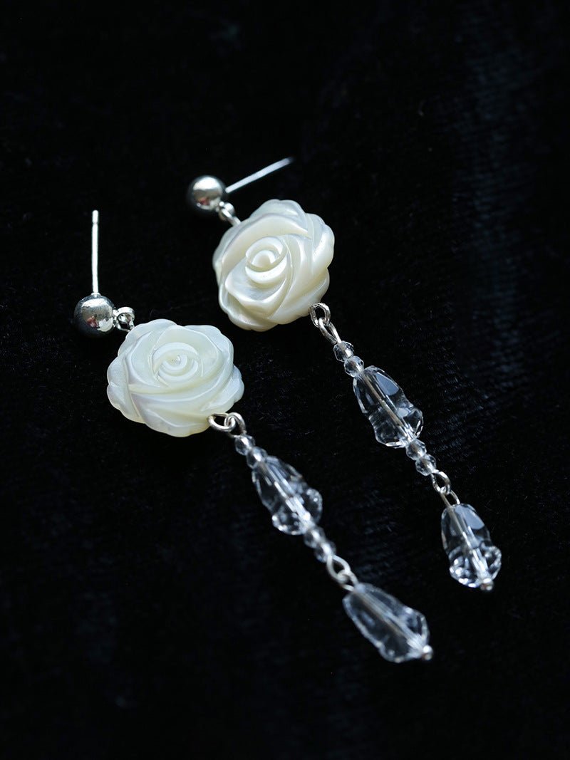 French White Shell Flower Crystal Beaded Earrings - floysun