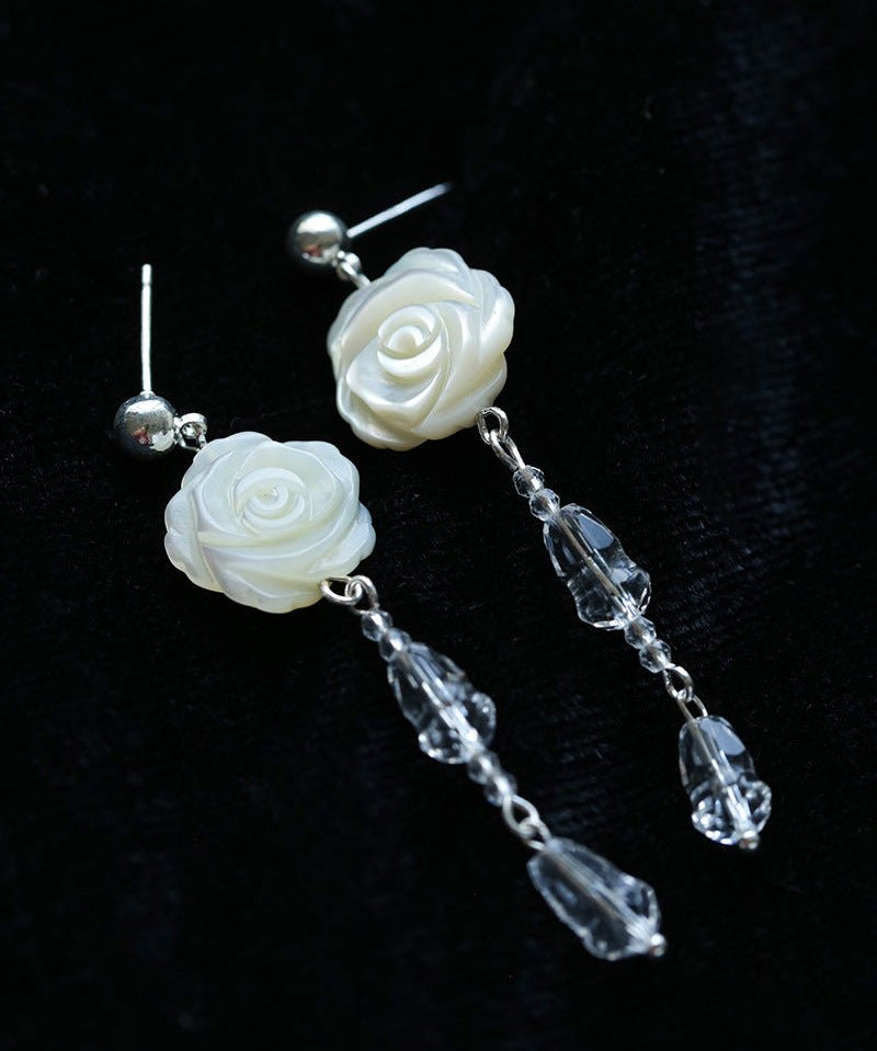 French White Shell Flower Crystal Beaded Earrings - floysun