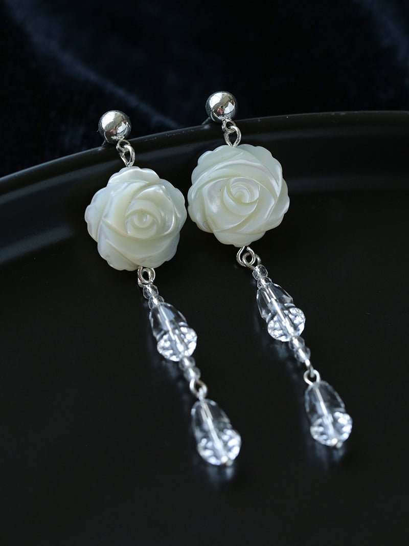 French White Shell Flower Crystal Beaded Earrings - floysun