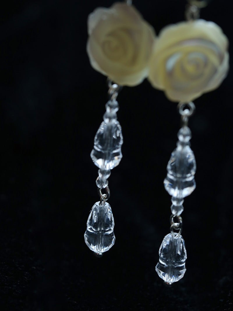 French White Shell Flower Crystal Beaded Earrings - floysun