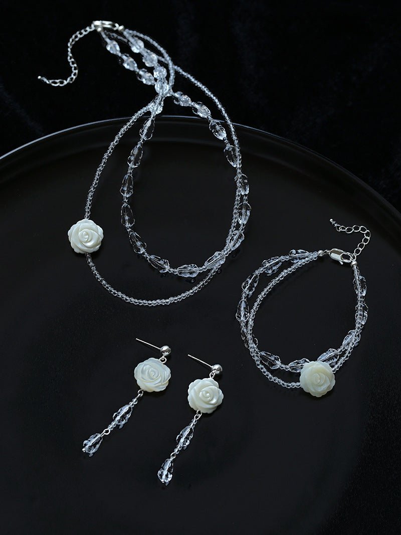 French White Shell Flower Crystal Beaded Earrings - floysun