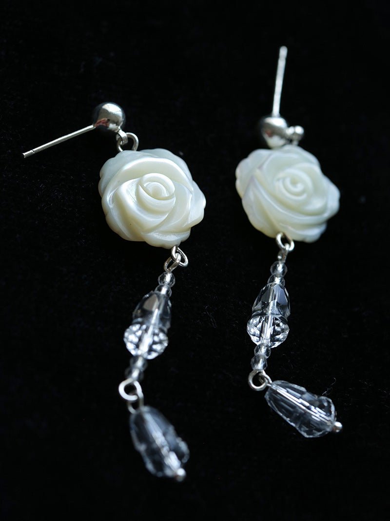 French White Shell Flower Crystal Beaded Earrings - floysun