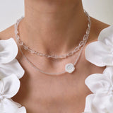French White Shell Flower Glass Beaded Double Layer Necklace - floysun