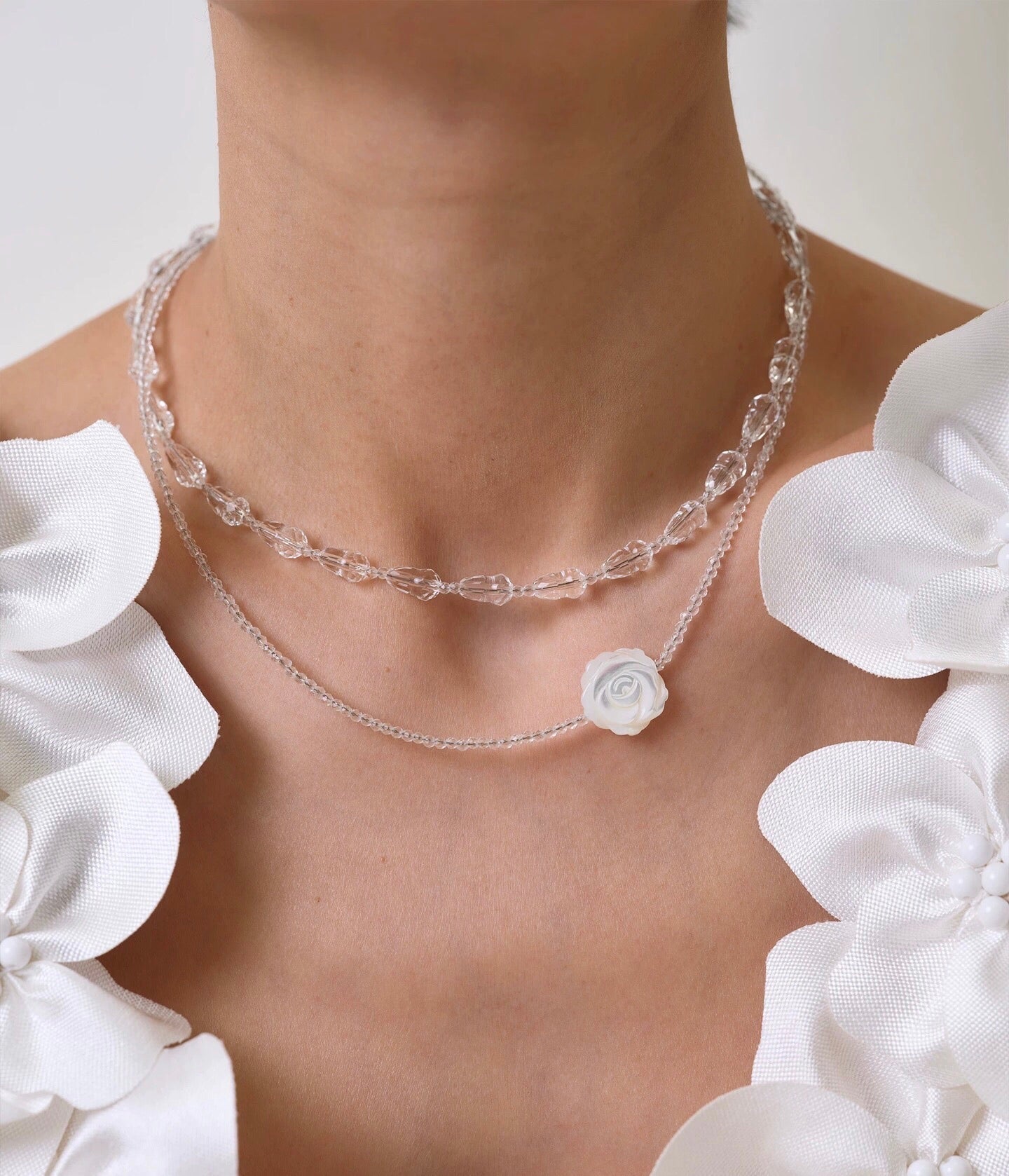 French White Shell Flower Glass Beaded Double Layer Necklace - floysun