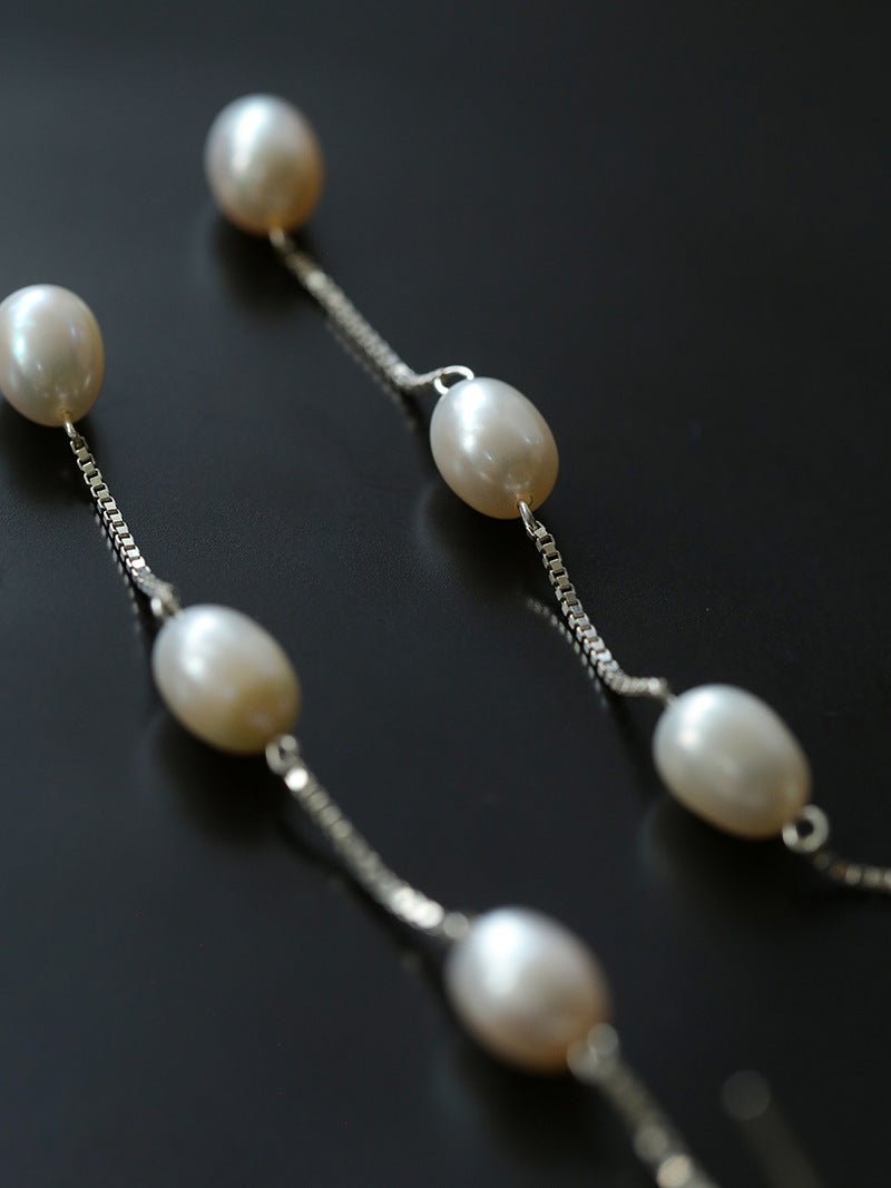 Freshwater Pearl Silver Chain Drop Earrings - floysun