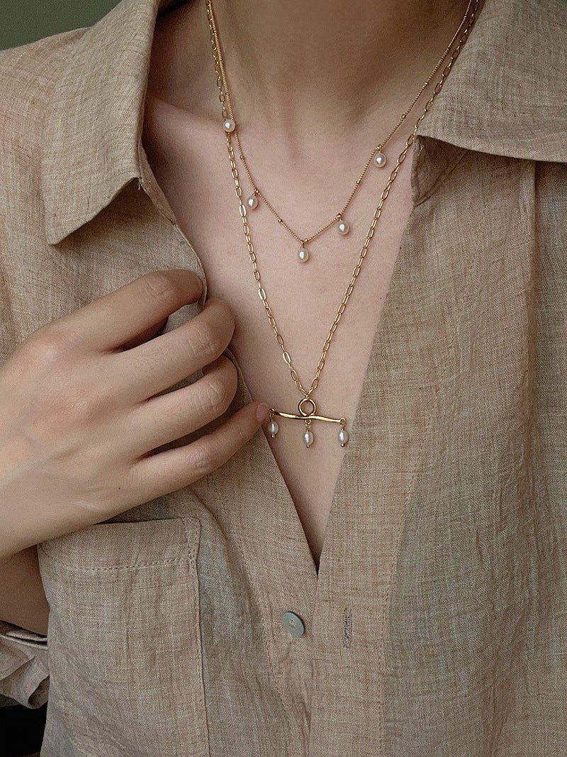Freshwater Pearl T‑Shape Balance Pendant Necklace - floysun