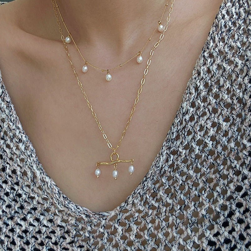 Freshwater Pearl T‑Shape Balance Pendant Necklace - floysun