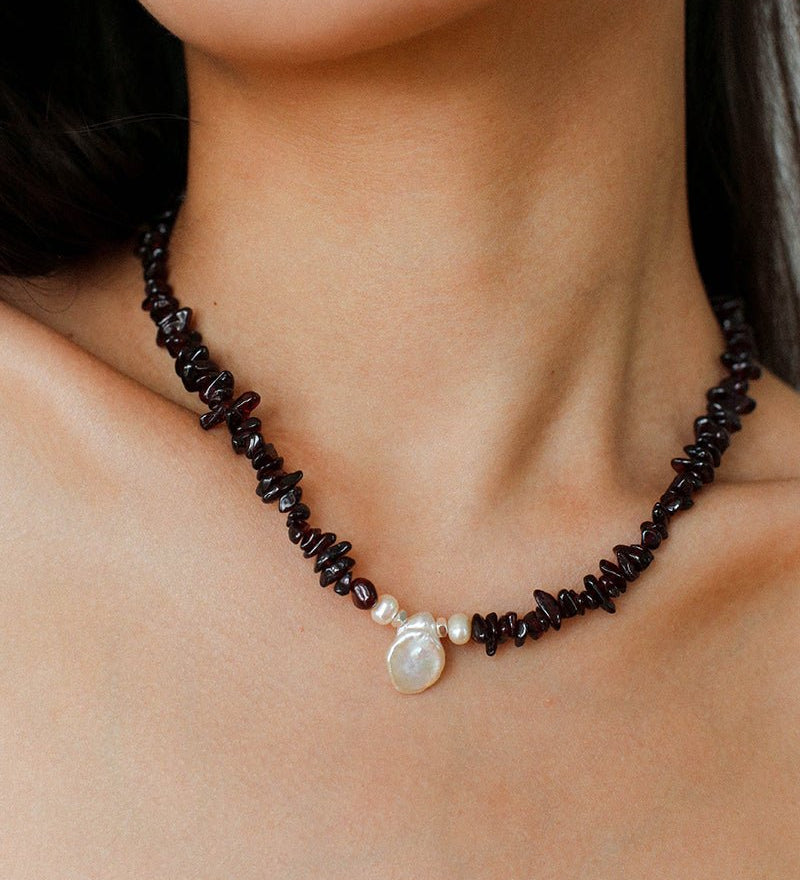 Garnet Strand Necklace with Petal Pearl – Crimson Bloom - floysun