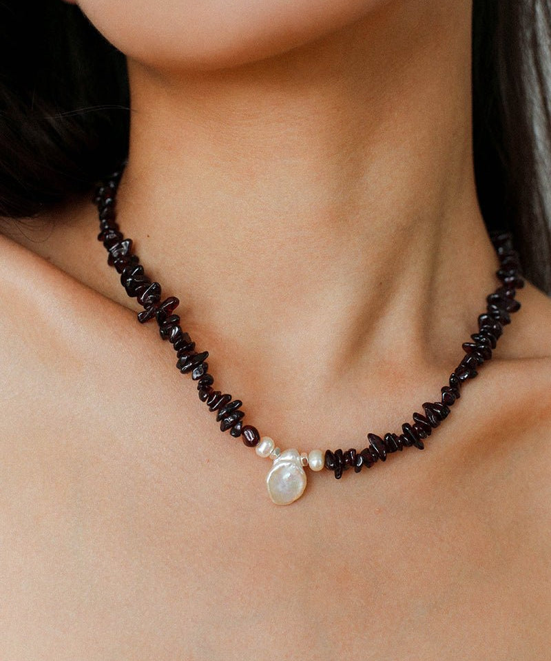 Garnet Strand Necklace with Petal Pearl – Crimson Bloom - floysun