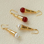 Geometric Cone Pearl & Red Agate Drop Earrings - floysun