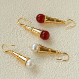 Geometric Cone Pearl & Red Agate Drop Earrings - floysun