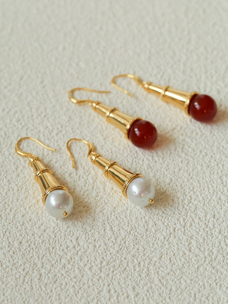 Geometric Cone Pearl & Red Agate Drop Earrings - floysun