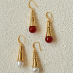 Geometric Cone Pearl & Red Agate Drop Earrings - floysun
