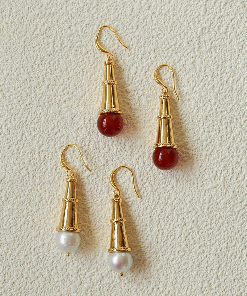 Geometric Cone Pearl & Red Agate Drop Earrings - floysun