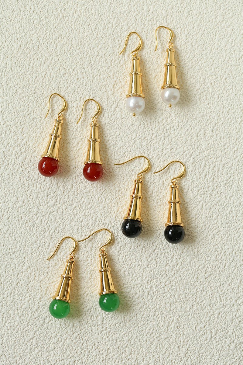 Geometric Cone Pearl & Red Agate Drop Earrings - floysun