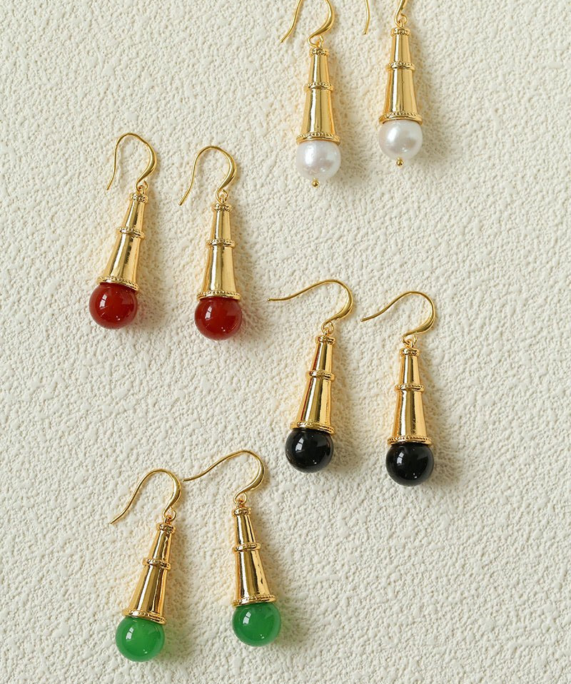 Geometric Cone Pearl & Red Agate Drop Earrings - floysun