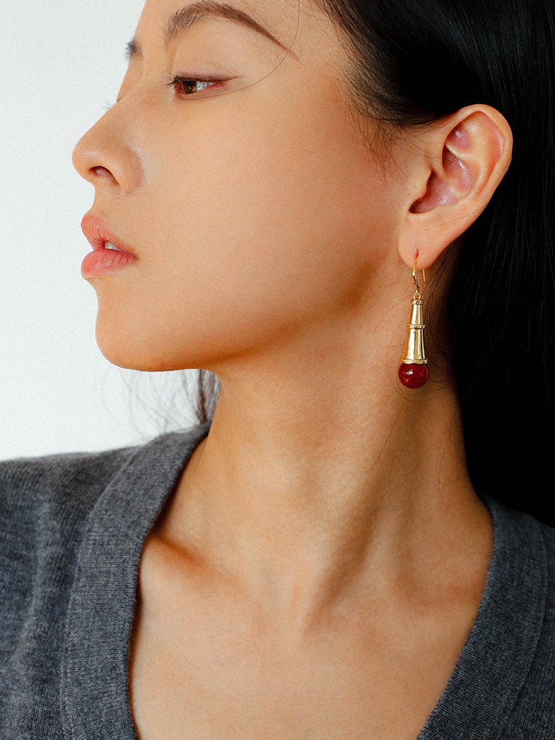 Geometric Cone Pearl & Red Agate Drop Earrings - floysun