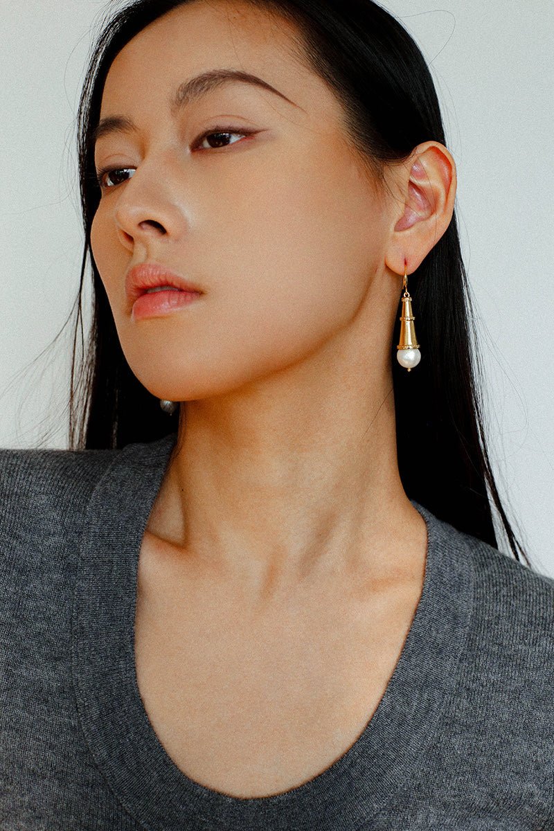 Geometric Cone Pearl & Red Agate Drop Earrings - floysun