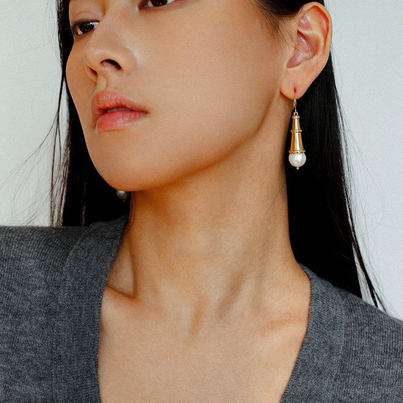 Geometric Cone Pearl & Red Agate Drop Earrings - floysun
