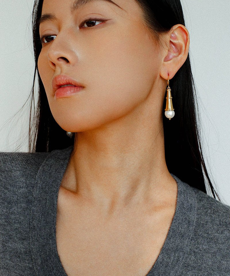 Geometric Cone Pearl & Red Agate Drop Earrings - floysun