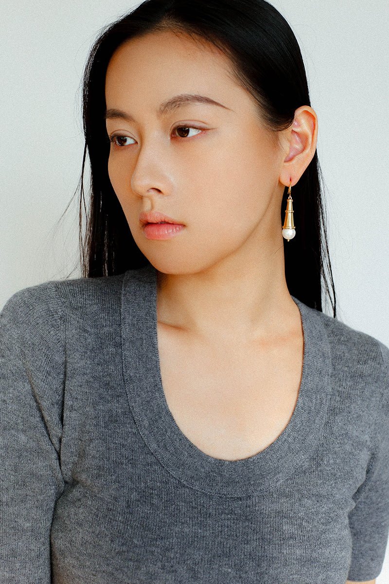 Geometric Cone Pearl & Red Agate Drop Earrings - floysun