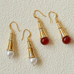 Geometric Cone Pearl & Red Agate Drop Earrings - floysun