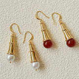 Geometric Cone Pearl & Red Agate Drop Earrings - floysun