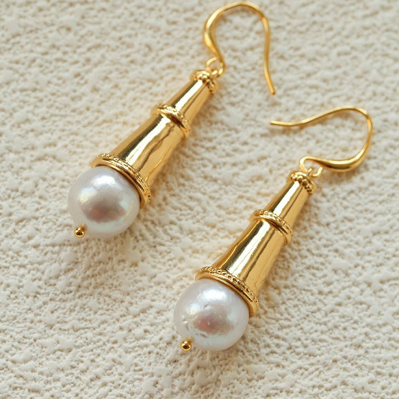 Geometric Cone Pearl & Red Agate Drop Earrings - floysun
