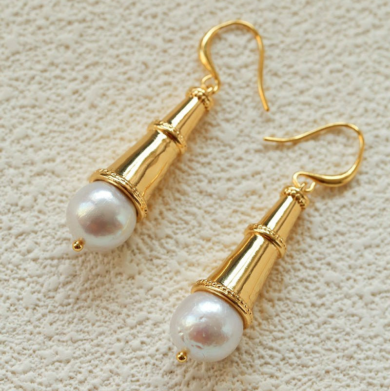 Geometric Cone Pearl & Red Agate Drop Earrings - floysun