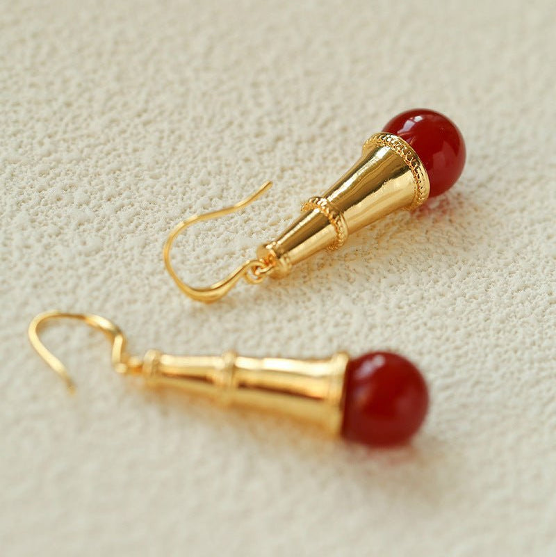 Geometric Cone Pearl & Red Agate Drop Earrings - floysun