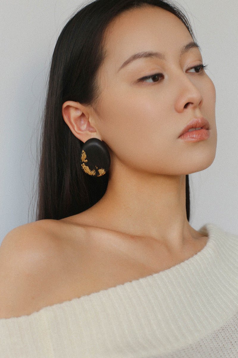 Geometric Ebony Wood & Gold Leaf Earrings - floysun