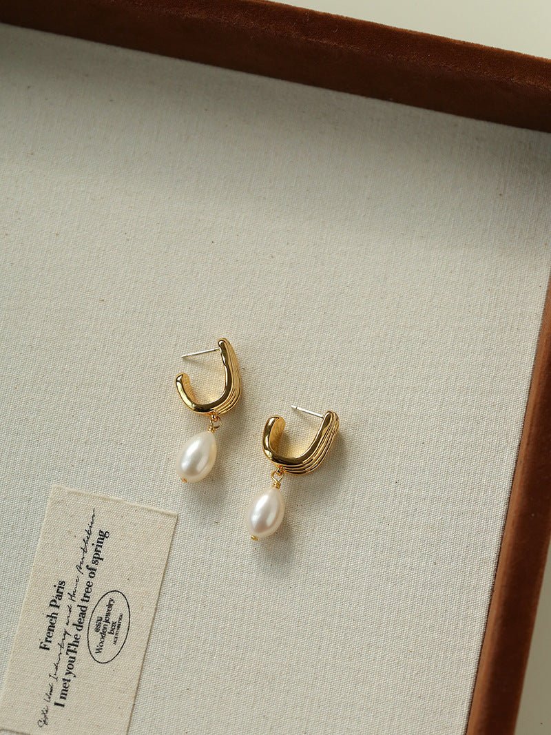 Geometric Striped J - Drop Earrings with Freshwater Pearl - floysun