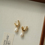 Geometric Striped J - Drop Earrings with Freshwater Pearl - floysun