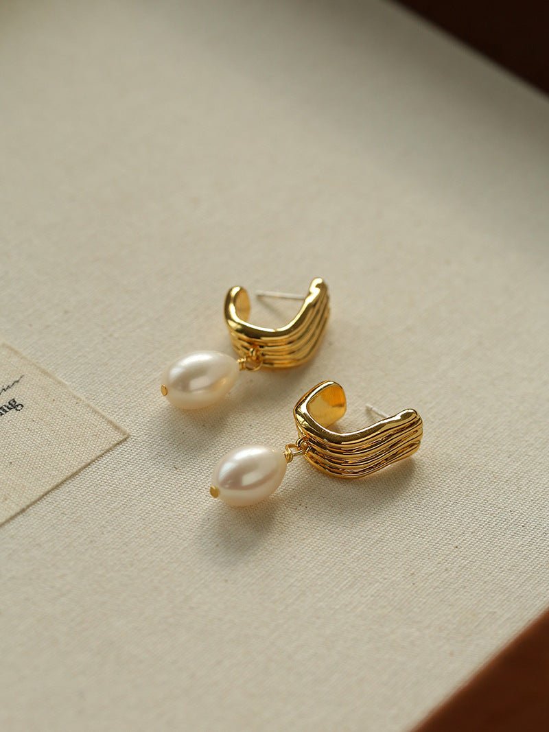 Geometric Striped J - Drop Earrings with Freshwater Pearl - floysun