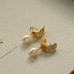 Geometric Striped J - Drop Earrings with Freshwater Pearl - floysun